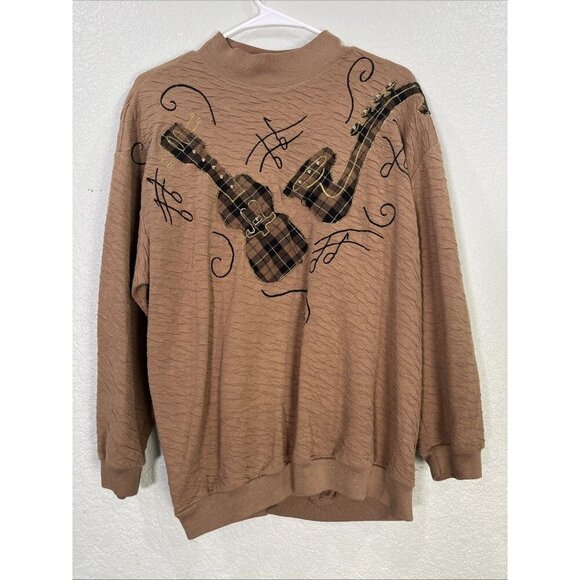Donna Toran Vtg Crewneck Sweater Womens XL Brown Embroidered Music Crinkle Knit - Picture 1 of 8